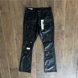 First Row Black Faux Leather Stacked Jeans Cargo Pants 32x35 NWT Streetwear